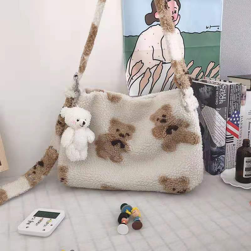 Bear Print Sherpa Shoulder Bag